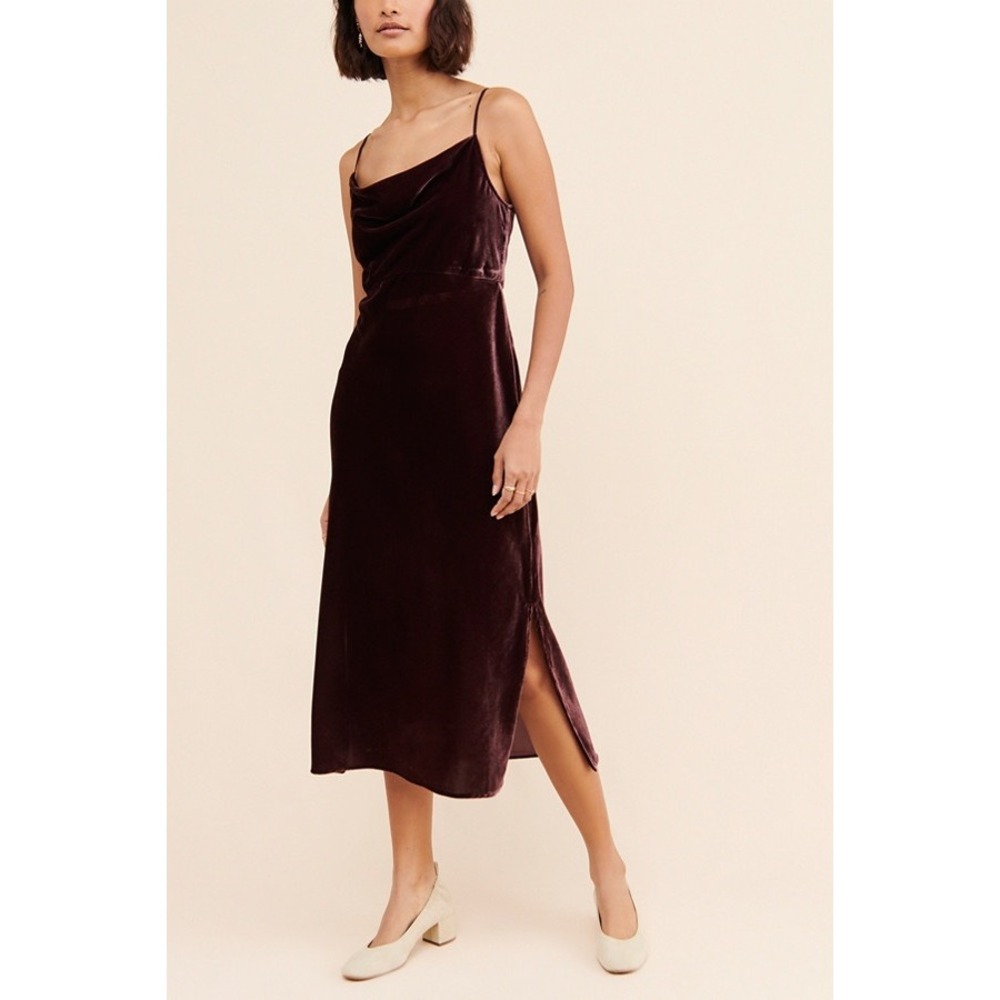 Anthropologie Elyse Deep Plum Velvet Cowl Neck Midi Bias Cut Slip Dress Large